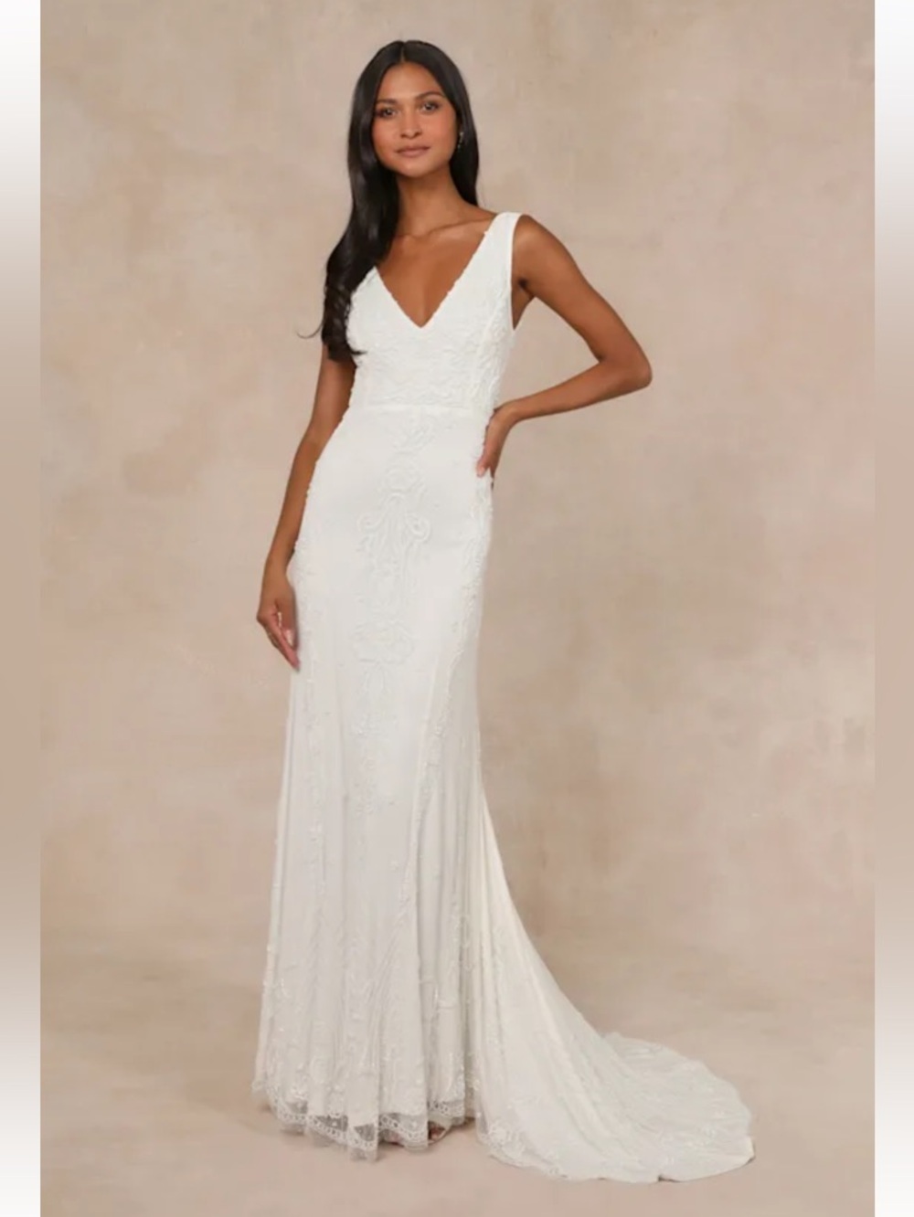 Lulus Passionate Romance White Beaded Sequin Mermaid Maxi Dress Size Medium New!